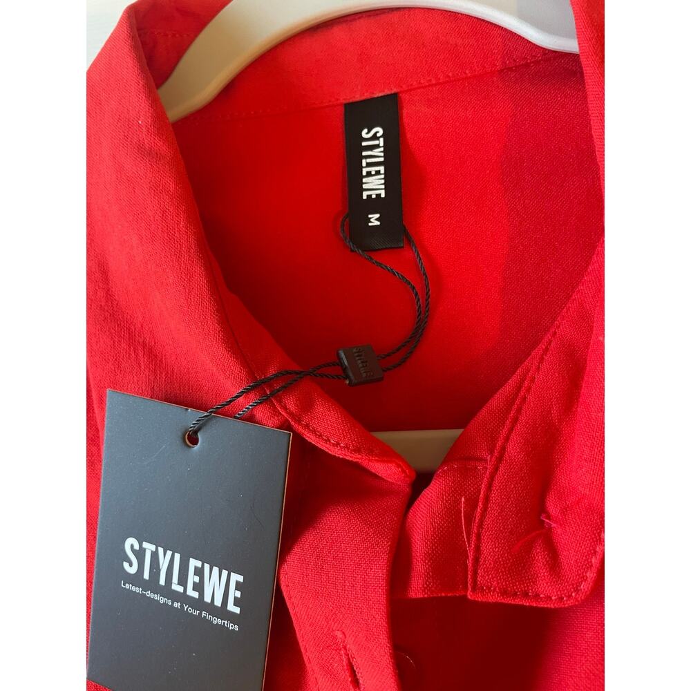 Stylewe Maxi Shirtdress Size M NWT Red Long Sleeve Relaxed Fit Cotton Lagenlook - Picture 3 of 9